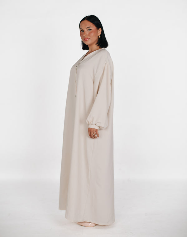 Abaya mit Knöpfen Leinenoptik - Ekru