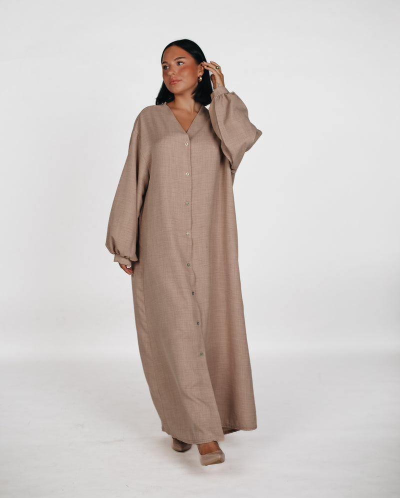 Abaya mit Knöpfen Leinenoptik - Beige