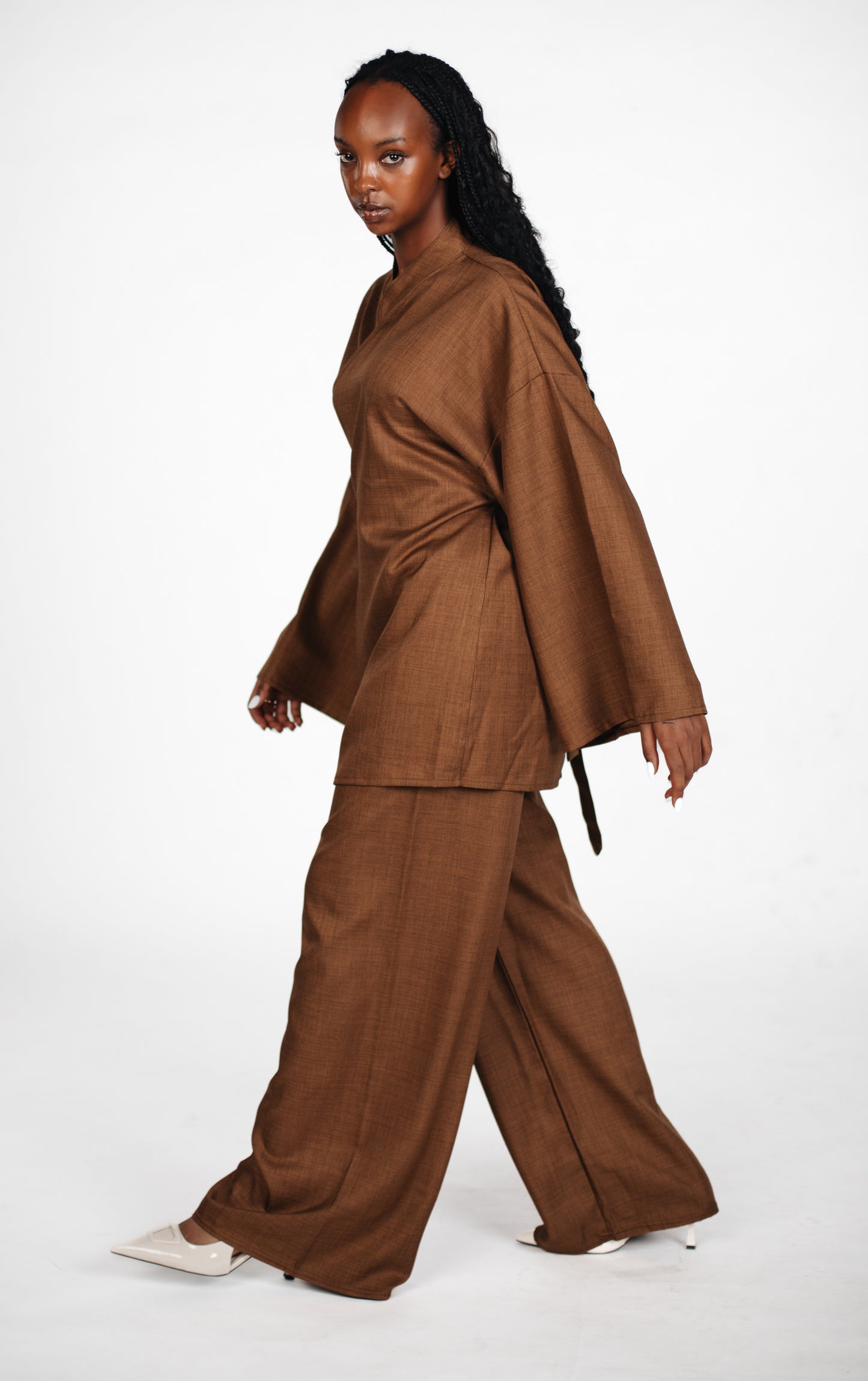 Kimono with Pants Two-Piece - Brown 