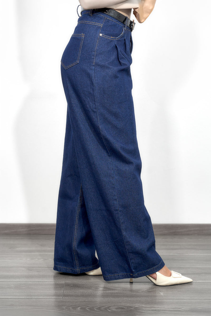 Wide Leg Jeans mit Bundfalte - Denim