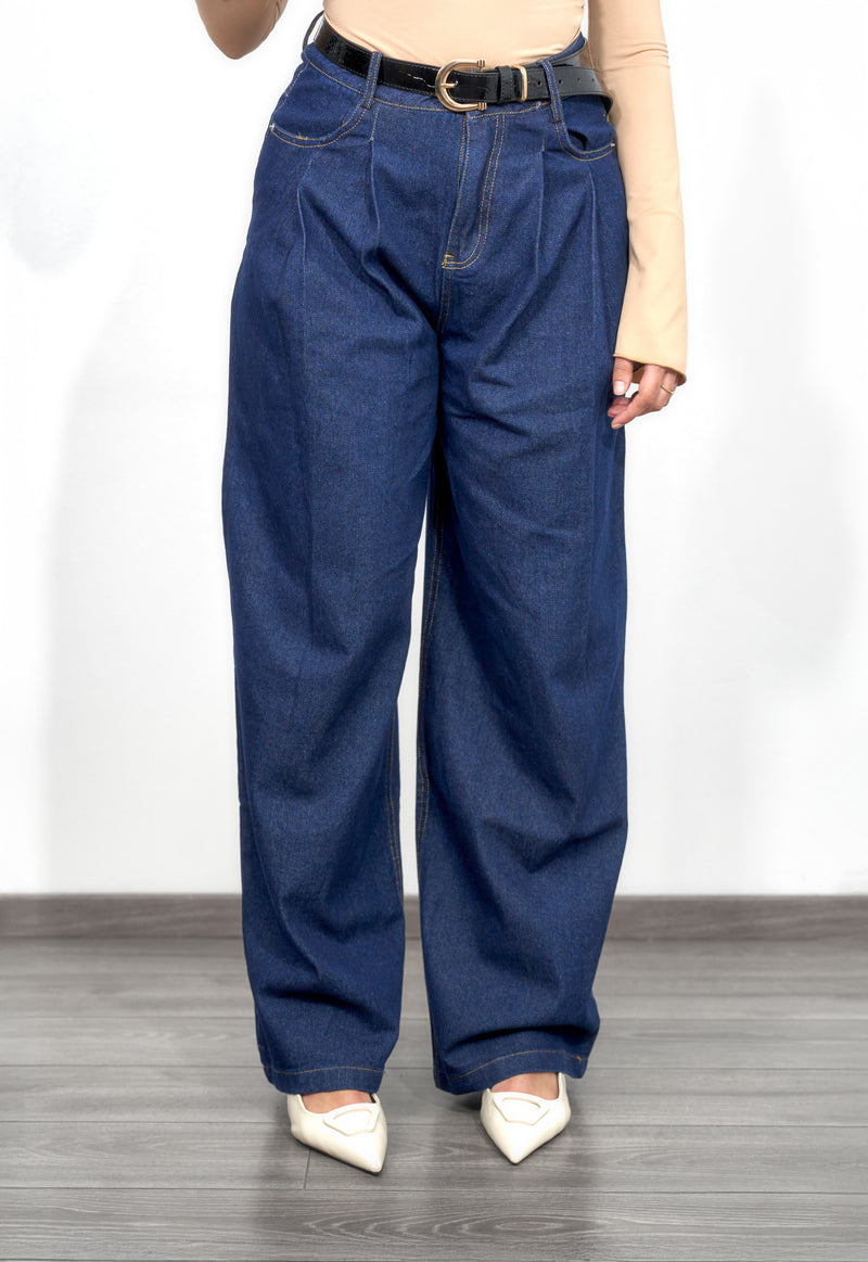 Wide Leg Jeans mit Bundfalte - Denim