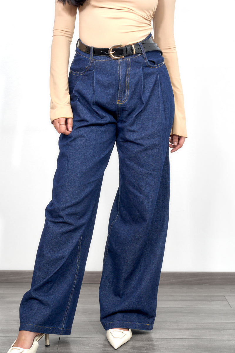 Wide Leg Jeans mit Bundfalte - Denim