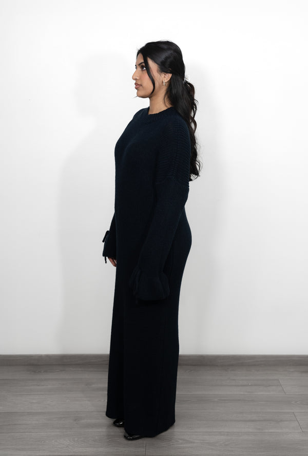 Long Oversized Knitted Dress with Bell Sleeves - Dark Blue