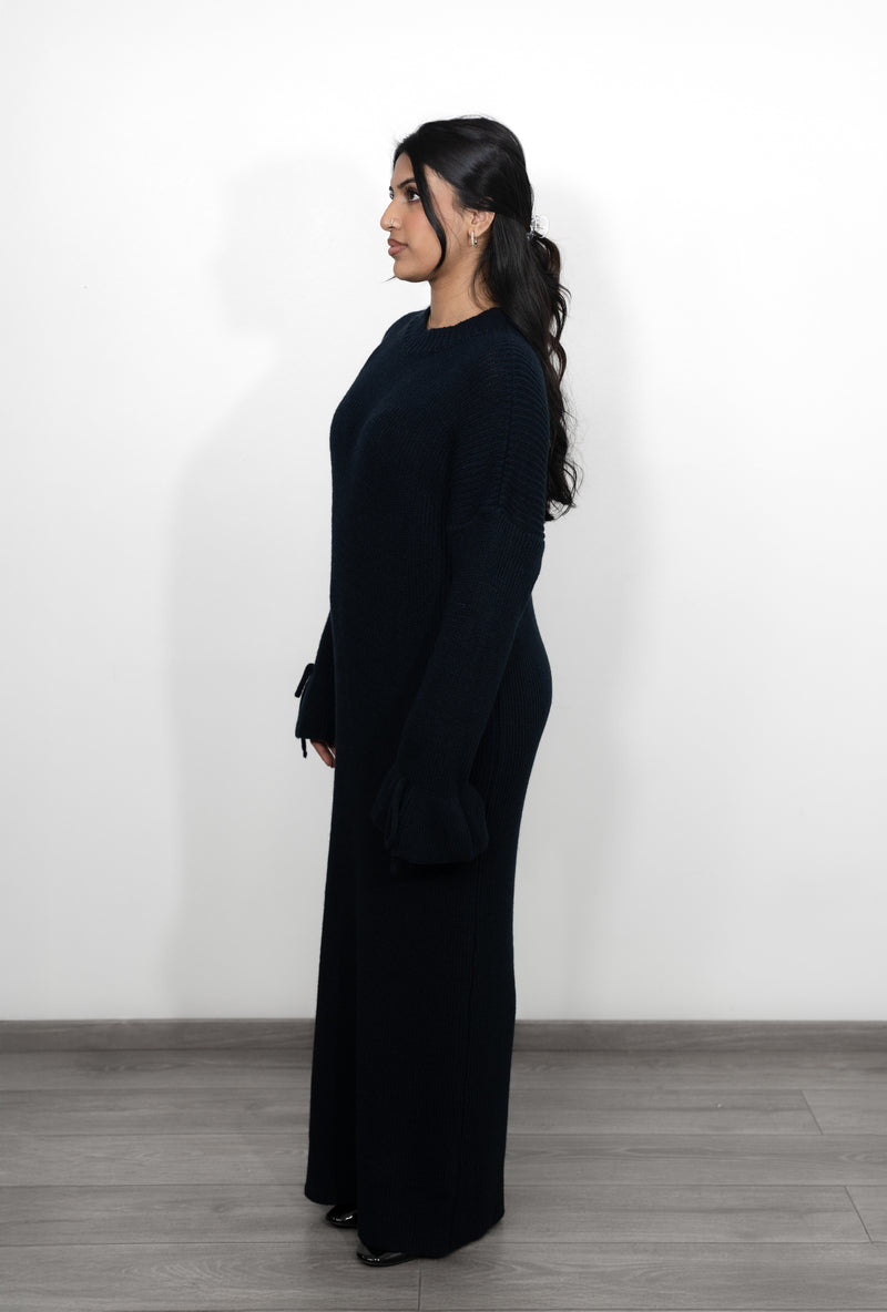 Long Oversized Knitted Dress with Bell Sleeves - Dark Blue