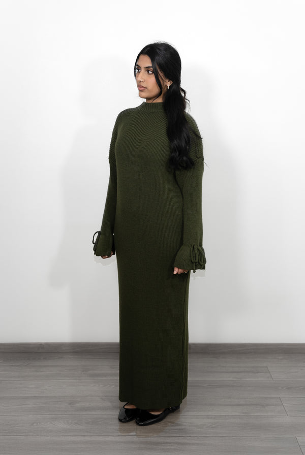 Long Oversized Knit Dress with Bell Sleeves - Olive Green