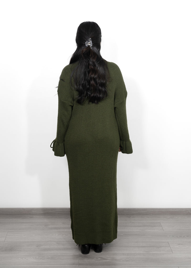 Long Oversized Knit Dress with Bell Sleeves - Olive Green