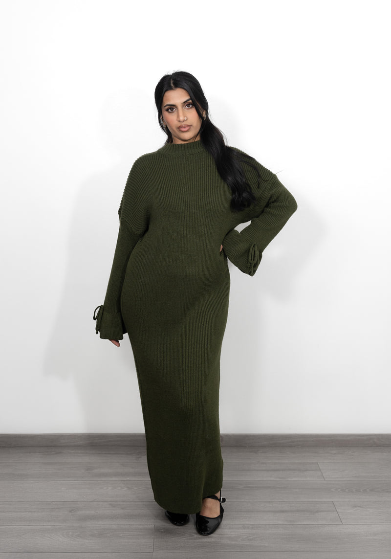 Long Oversized Knit Dress with Bell Sleeves - Olive Green