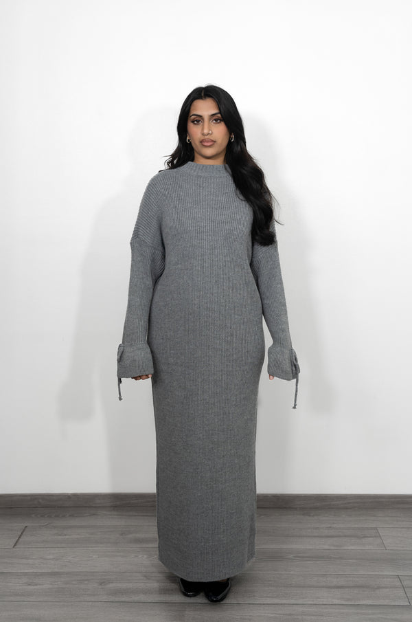 Long Oversized Knit Dress with Bell Sleeves - Silver