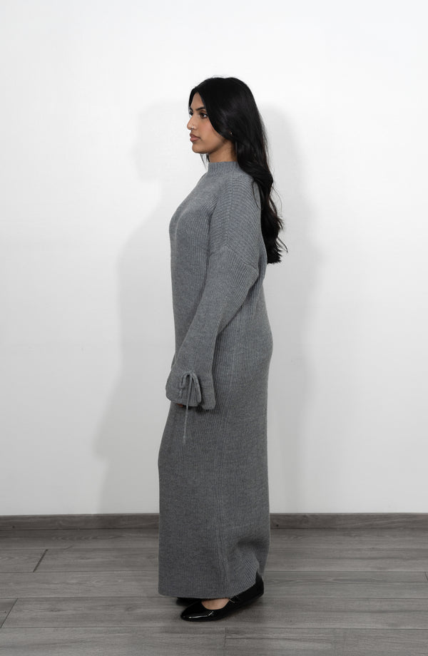 Long Oversized Knit Dress with Bell Sleeves - Silver