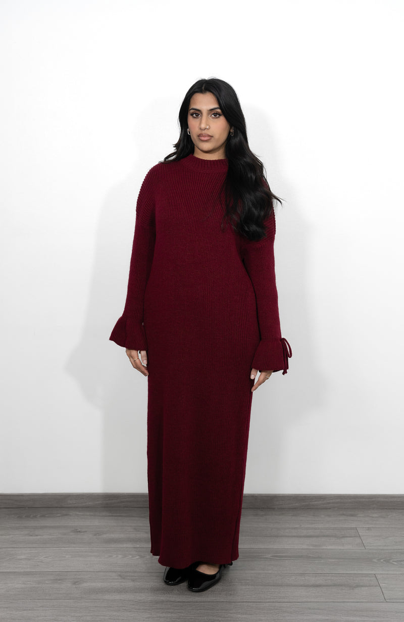 Long Oversized Knit Dress with Bell Sleeves - Burgundy