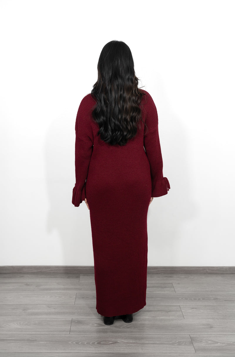 Long Oversized Knit Dress with Bell Sleeves - Burgundy