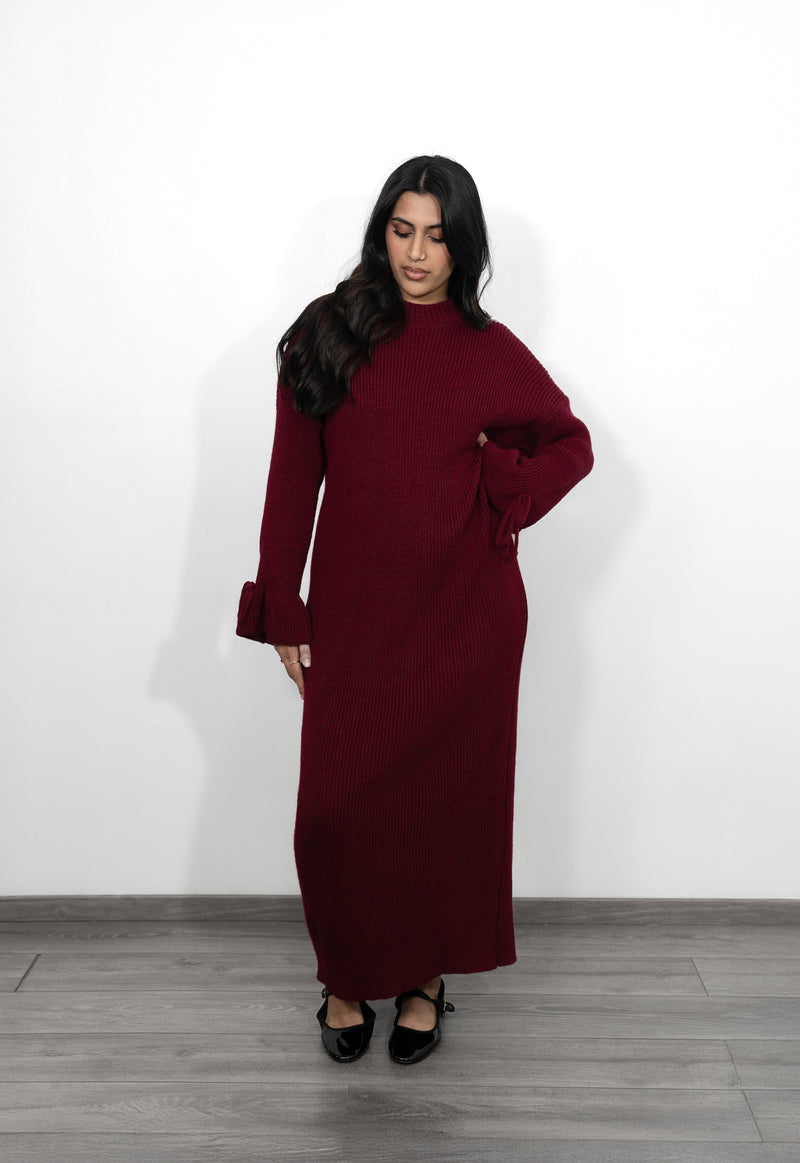 Long Oversized Knit Dress with Bell Sleeves - Burgundy