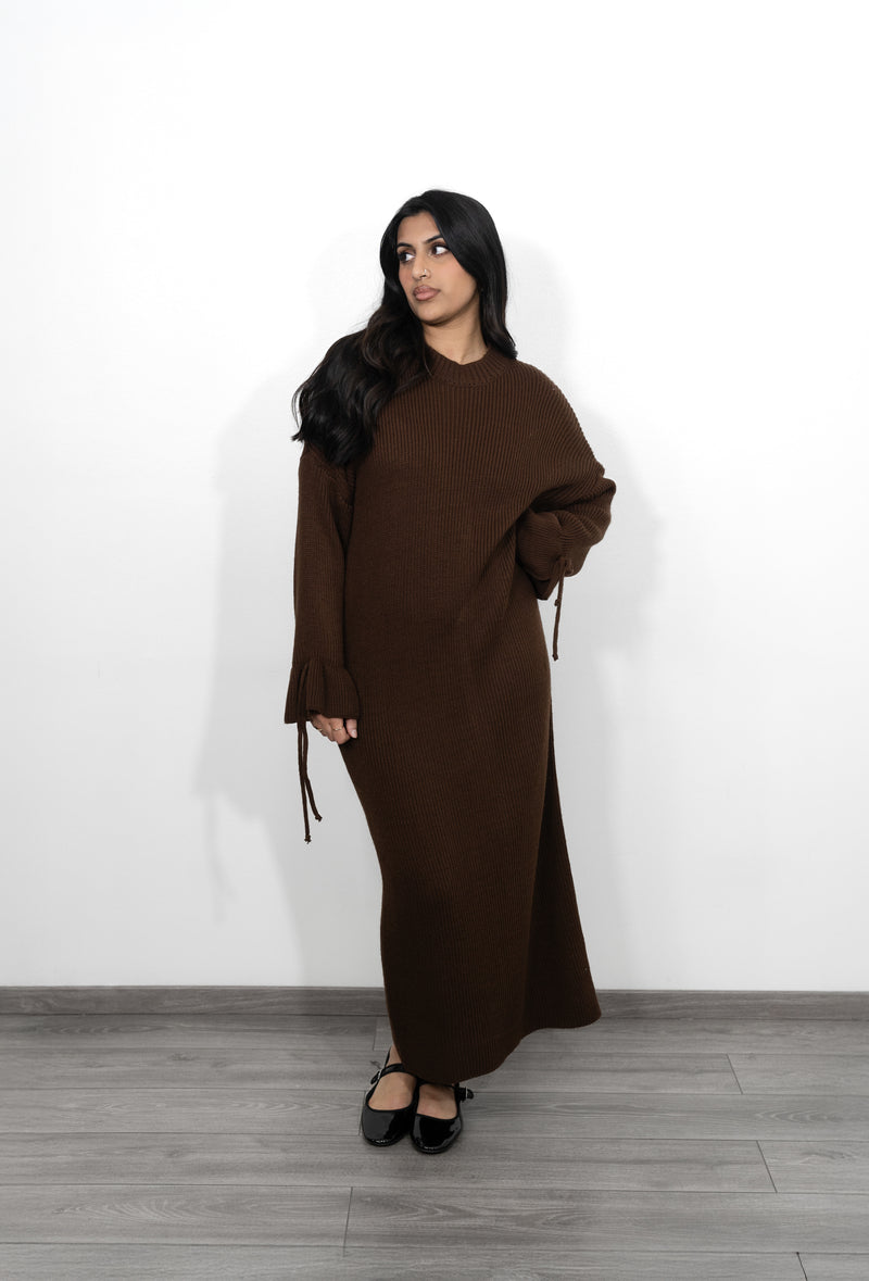 Long Oversized Knitted Dress with Bell Sleeves - Brown