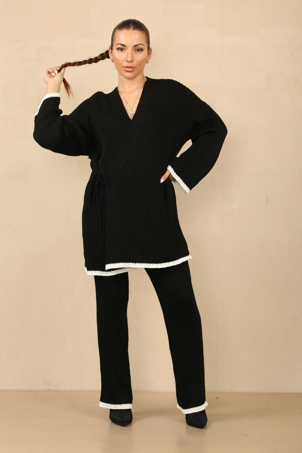 Elegant Wrap Knit Set with Hemmed Pants - Black