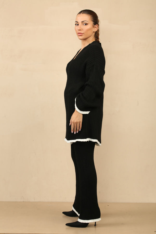 Elegant Wrap Knit Set with Hemmed Pants - Black