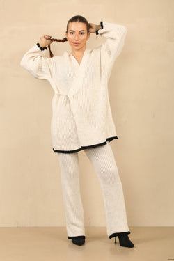 Elegant Wrap Knit Set with Seamed Pants - Cream