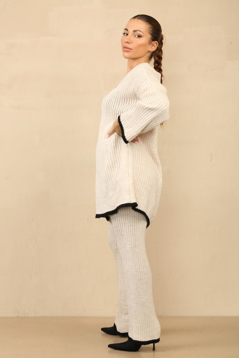 Elegant Wrap Knit Set with Seamed Pants - Cream