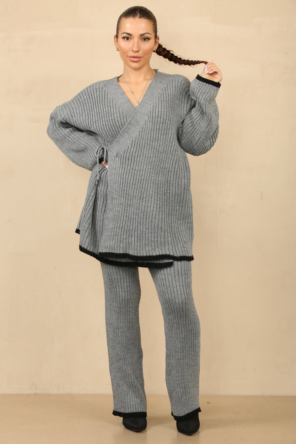 Elegant Wrap Knit Set with Hemmed Pants - Grey