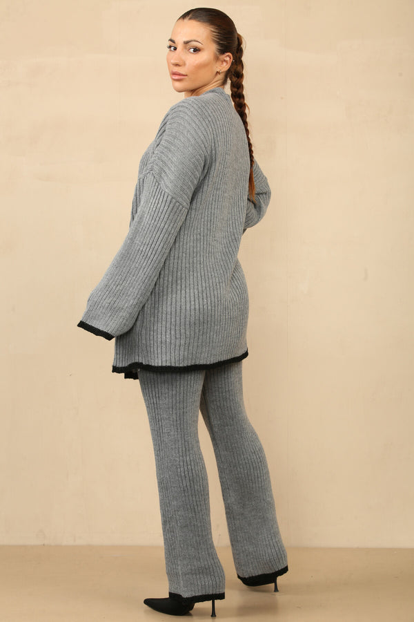 Elegant Wrap Knit Set with Hemmed Pants - Grey